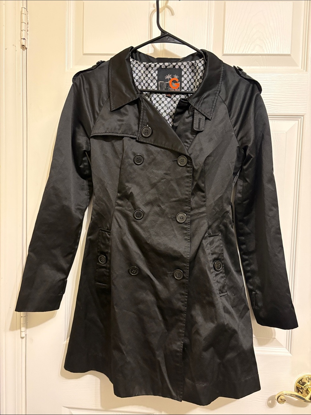 G by Guess Black Double-Breasted Trench Coat with Patterned Lining